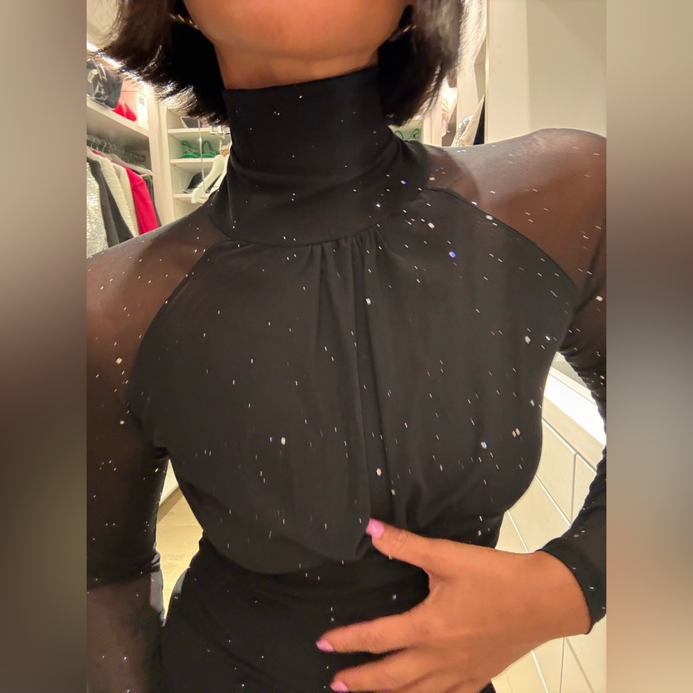 Black Sheer Mesh Sparkle Turtleneck Top - Picture 2 of 6